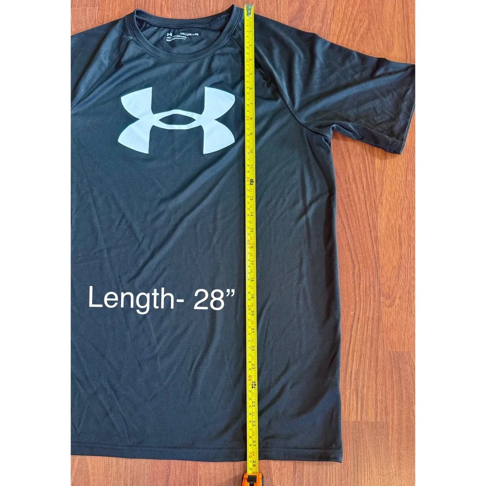 Under Armour Boys Youth XL Black Big Logo Tech Tee HeatGear Shirt Loose Fit